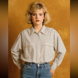 Koret City Blues VTG Striped Embroidered Trim slight puff sleeves Button Up sz M